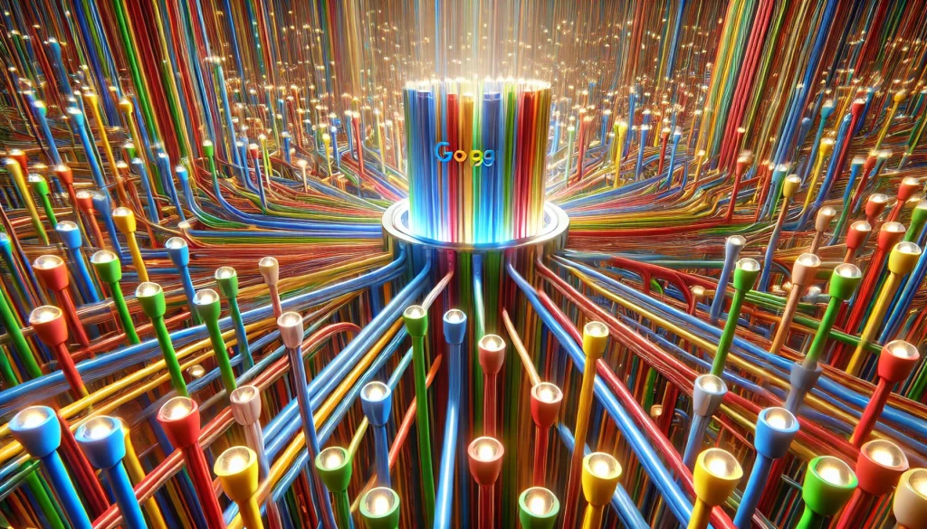  Entramado de miles de cables de colores vibrantes que se interconectan en una central iluminada, representando el proceso de indexación en Google.