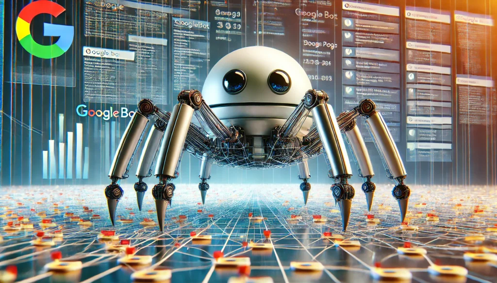 Ilustración del funcionamiento de Googlebot, un bot robótico con múltiples patas navegando por una red de páginas web y nodos de datos.