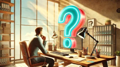 Hombre pensativo mirando una pantalla de ordenador con un gran signo de interrogación flotando sobre un encabezado h1 destacado, en una oficina con luz natural y elementos de escritorio alrededor.