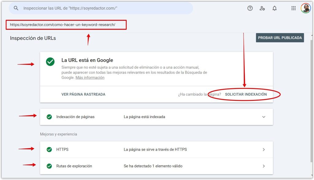 En esta pantalla de Google Search Console, puedes verificar si una URL está indexada