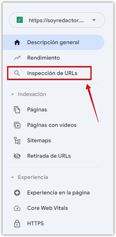 Barra lateral de Google Search Console para indexar una URL