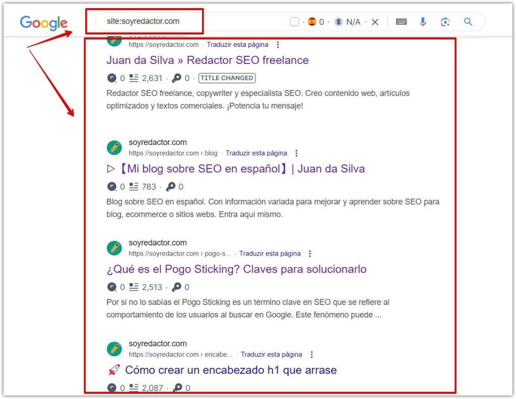 Luego de hacer el comando "site:" podrás ver todas las URLs indexadas