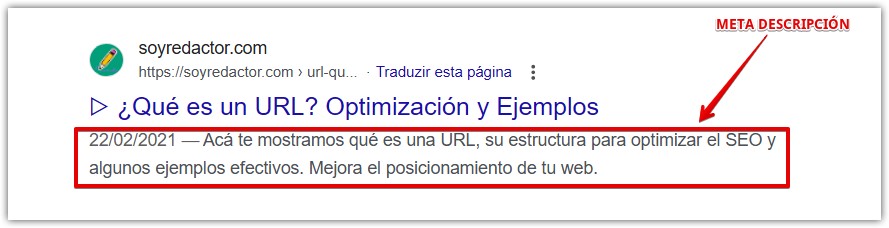 Esta imagen muestra lo qué es una Meta Descripción