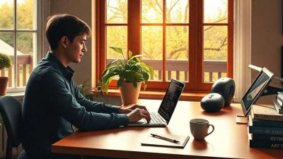 Un escritor sentado frente al computador pensando cómo escribir un artículo para blog.