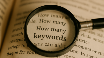 Fotografía en formato horizontal de una lupa enfocando la palabra 'keywords' sobre la hoja de un libro, con iluminación cálida y fondo desenfocado que resalta el concepto de análisis SEO.