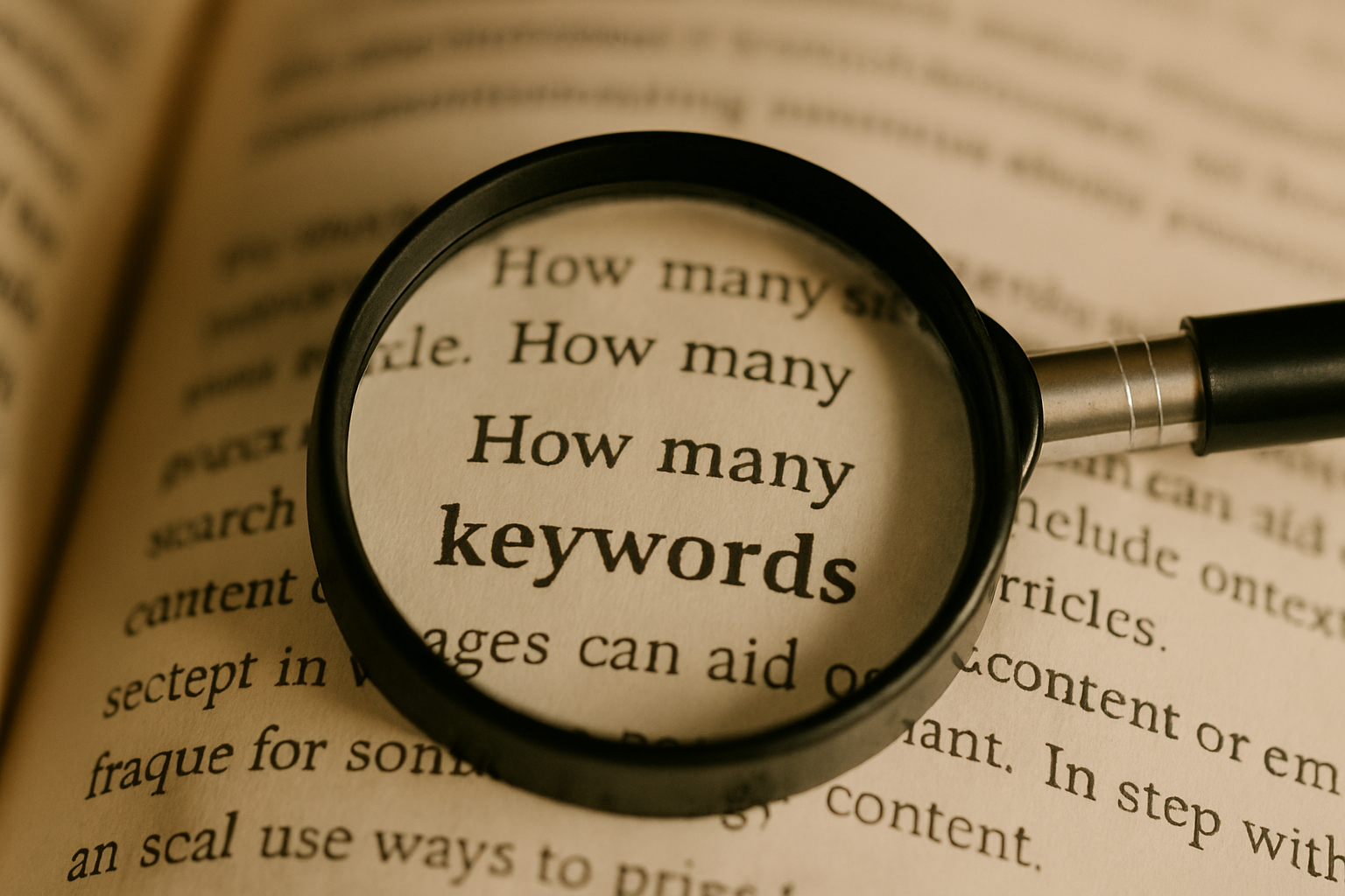 Fotografía en formato horizontal de una lupa enfocando la palabra 'keywords' sobre la hoja de un libro, con iluminación cálida y fondo desenfocado que resalta el concepto de análisis SEO.