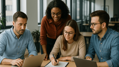 equipo de marketing trabajando con un redactor freelance