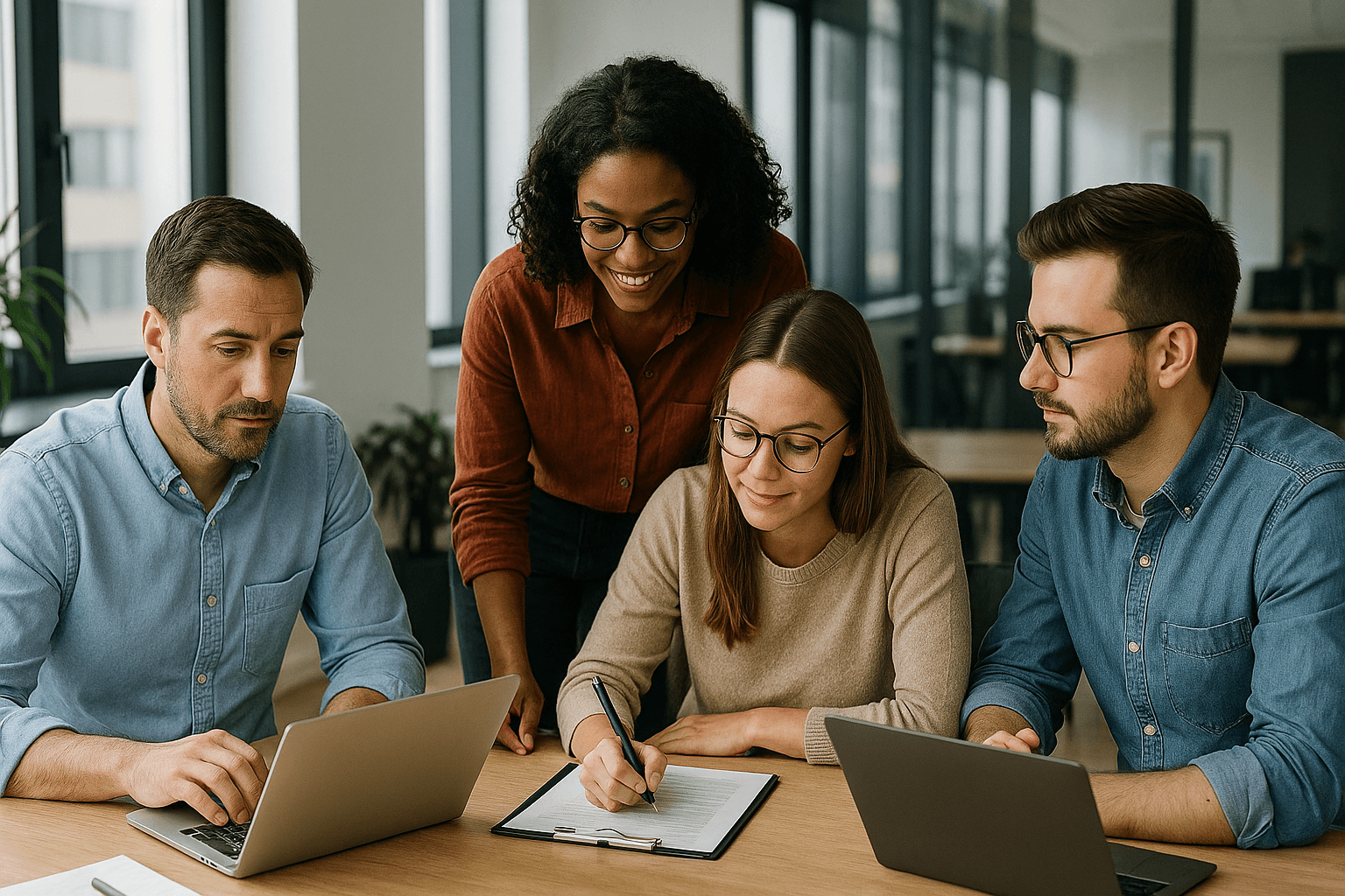 equipo de marketing trabajando con un redactor freelance