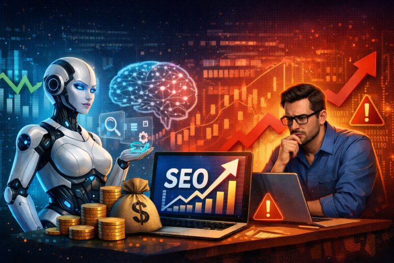 Ilustración de una inteligencia artificial junto a gráficos de crecimiento y dinero, frente a un profesional analizando resultados SEO en un entorno digital futurista.